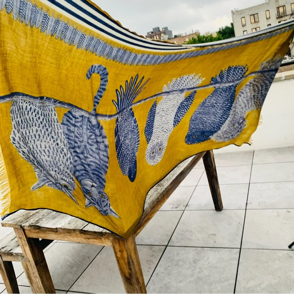 Inouïtoosh Wool Mustard Owl Cat Fringed Blanket Scarf